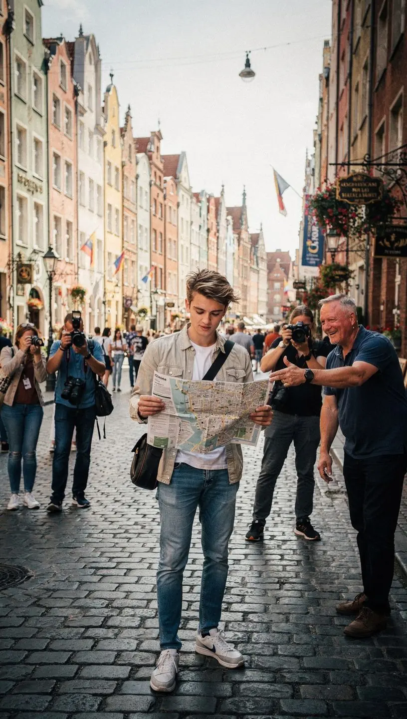 Podróżnik korzystający z aplikacji mobilnej do zarządzania bagażem i trasą.